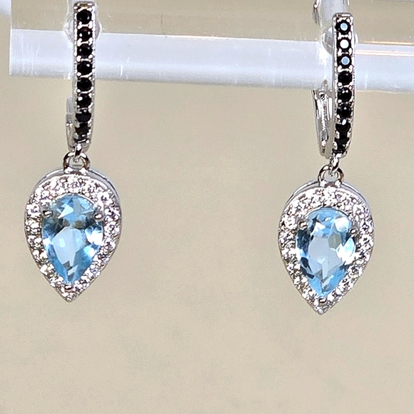Natural Blue Topaz 8x5mm &  Black‎ Spinel 925 Sterling Silver Earrings - Picture 3 of 7